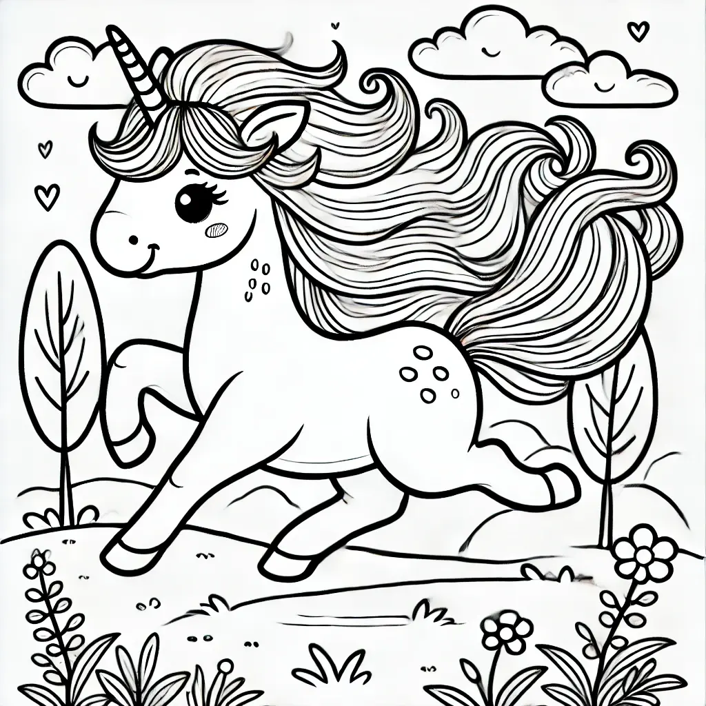 Wilde Einhorn Malvorlage Ein wildes Einhorn, das durch eine Wiese läuft, mit fließender Mähne und Wolken darüber, perfekt für ein lustiges und magisches Ausmalerlebnis.