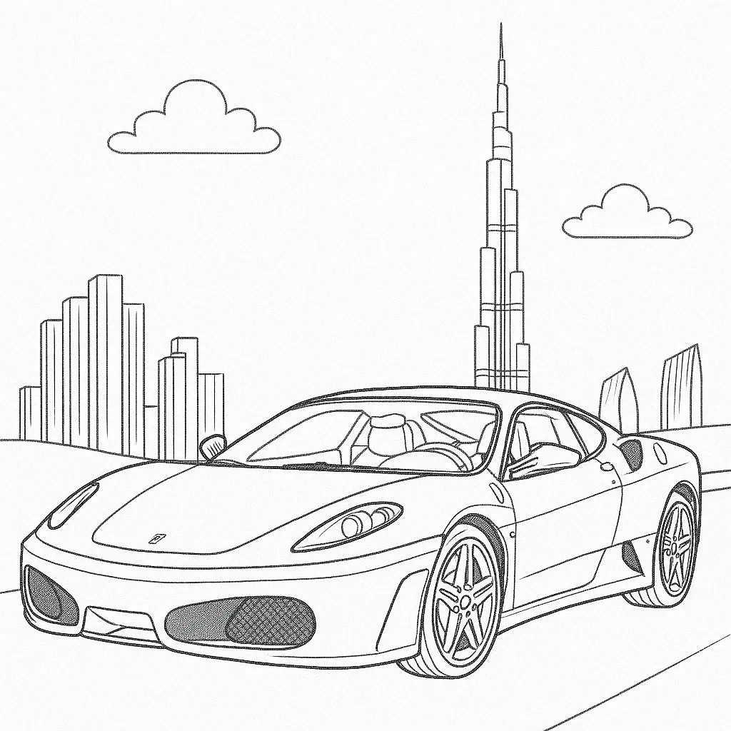 22 Ferrari Ausmalbilder (Malvorlage für Kinder und Erwachsene) Ferrari F430 Ausmalbild – Sportwagen mit dem Burj Khalifa und futuristischer Skyline im Hintergrund, ideal zum Ausmalen.