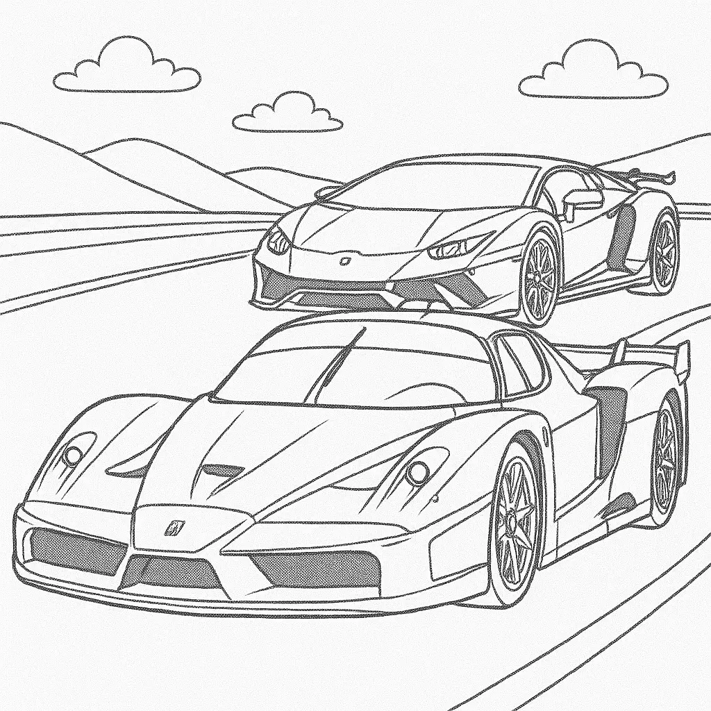 22 Ferrari Ausmalbilder (Malvorlage für Kinder und Erwachsene) Ferrari FXX und Lamborghini Ausmalbild – Zwei Supersportwagen auf Rennstrecke mit Bergen im Hintergrund, perfekt zum Ausmalen.