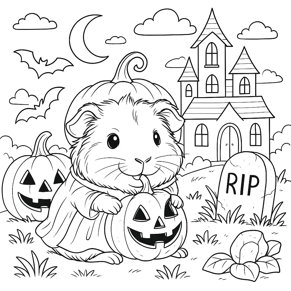 18 Meerschweinchen Ausmalbilder (Gratis Malvorlage zum drucken) Halloween Meerschweinchen Ausmalbild – niedliches Meerschweinchen mit Kürbiskostüm, Fledermäusen, Grabstein und Spukhaus im Hintergrund.