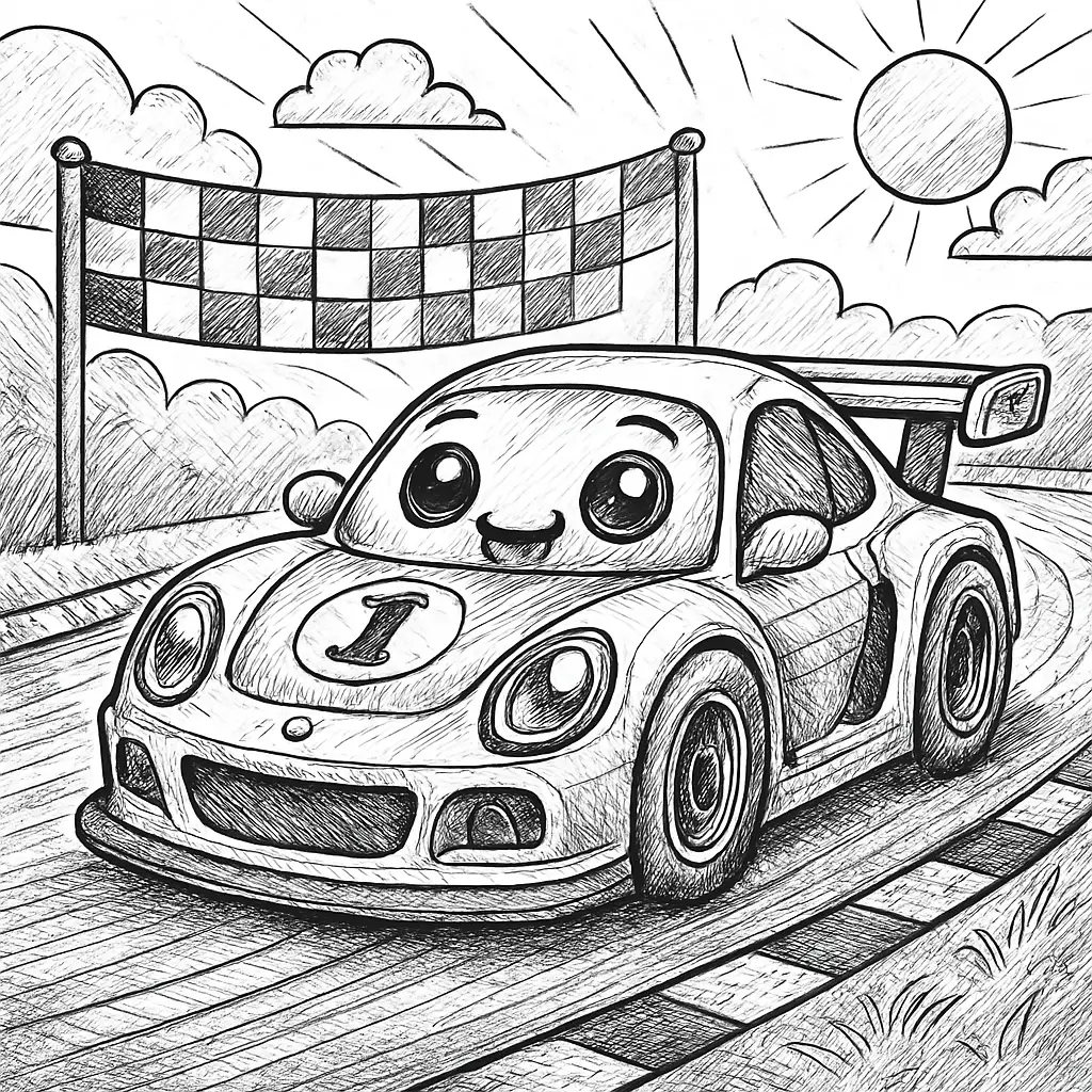 40 Rennautos Ausmalbilder (Kostenlose Malvorlage Drucken) Rennauto Ausmalbild für Kinder – Lustiger Rennwagen auf Strecke mit Landschaft