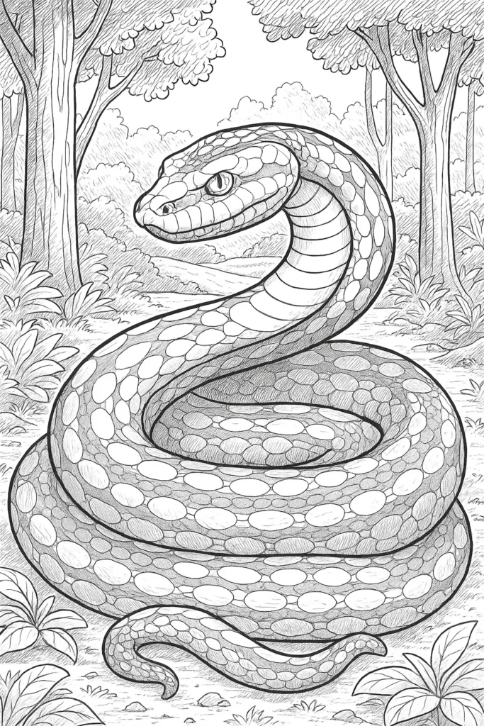 Ausmalbild einer riesigen Anaconda-Schlange in einem tropischen Wald – detailliert und naturgetreu