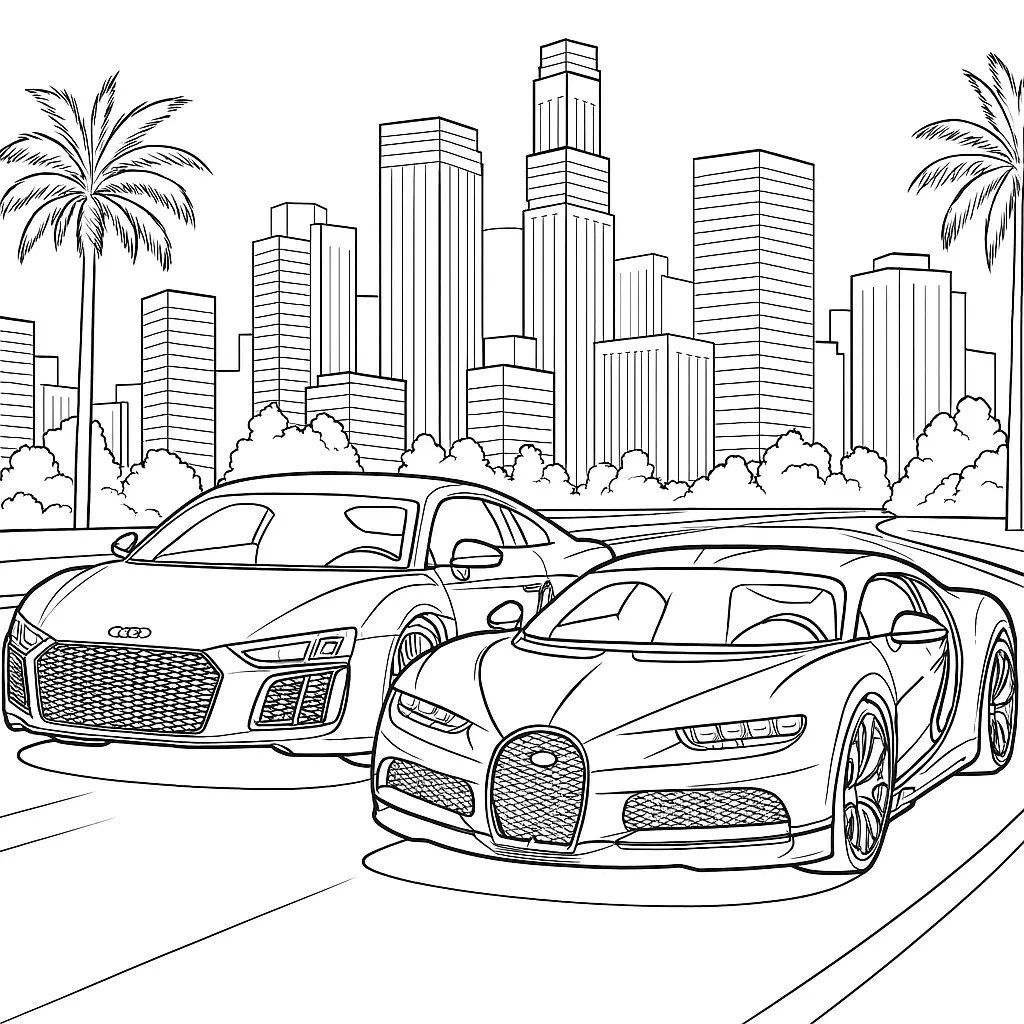 16 Bugatti Ausmalbilder (Kostenlose Auto Malvorlage zum Ausdrucken) Ausmalbild eines Audi R8 und Bugatti Chiron auf einer Straße mit Palmen und moderner Stadtkulisse im Hintergrund