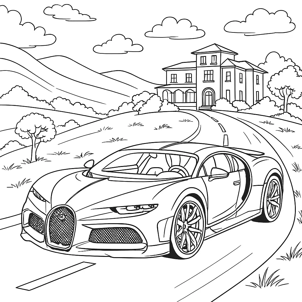 16 Bugatti Ausmalbilder (Kostenlose Auto Malvorlage zum Ausdrucken) Ein kinderfreundliches Ausmalbild eines Bugatti mit Haus, Straße und Natur im Hintergrund