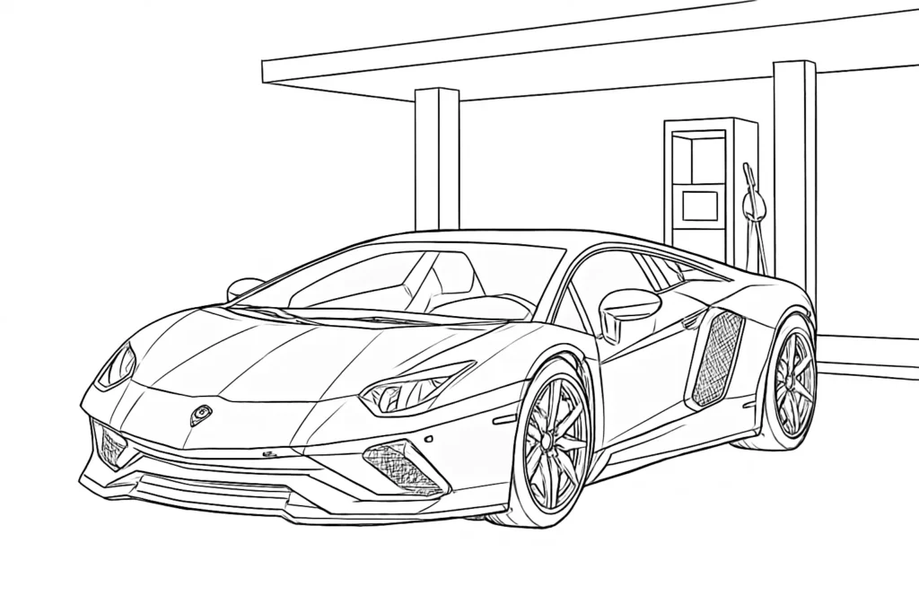 Lamborghini Ausmalbild mit Tankstelle im Hintergrund – detaillierte Malvorlage für Kinder und Autofans.