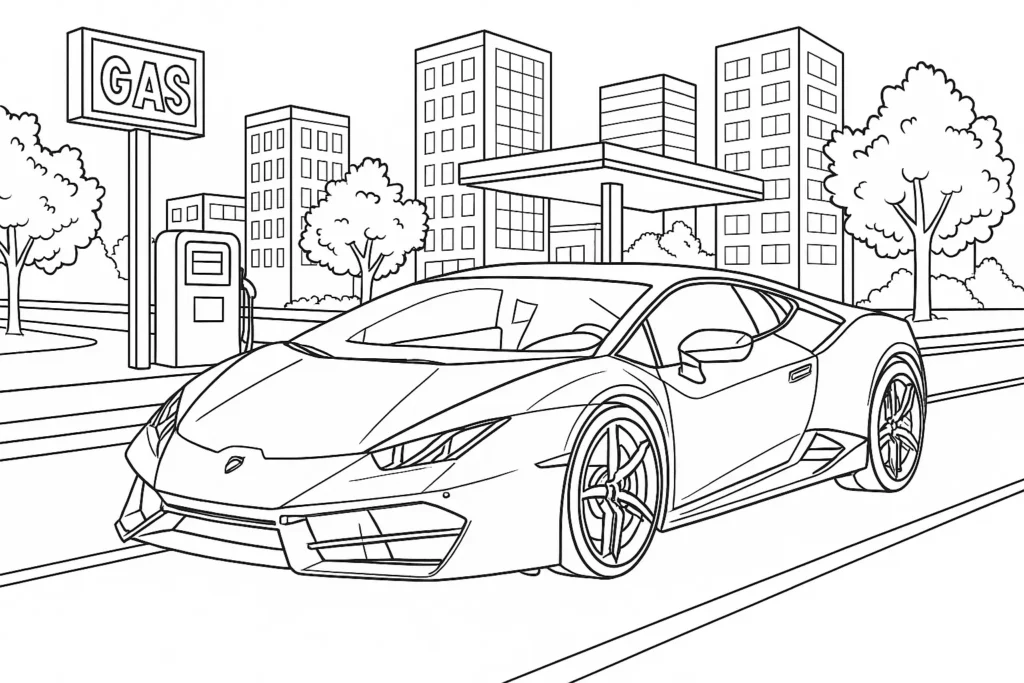 Lamborghini Huracán Ausmalbild mit Tankstelle, modernen Gebäuden und Straße im Hintergrund – perfekte Malvorlage für Kinder und Autofans.