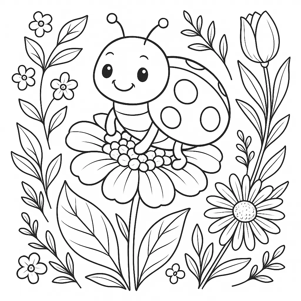 Ausmalbild eines Marienkäfers auf einer Blume – ideal für Kinder, als PDF kostenlos zum Ausdrucken.