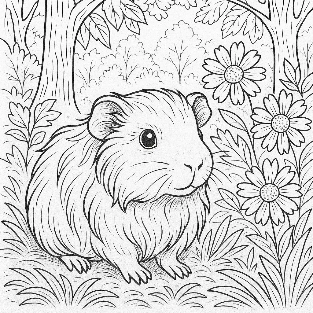 18 Meerschweinchen Ausmalbilder (Gratis Malvorlage zum drucken) Ausmalbild Meerschweinchen im Wald – niedliches meerschweinchen ausmalbild mit Blumen und Bäumen im Hintergrund. Perfekt zum Ausdrucken!
