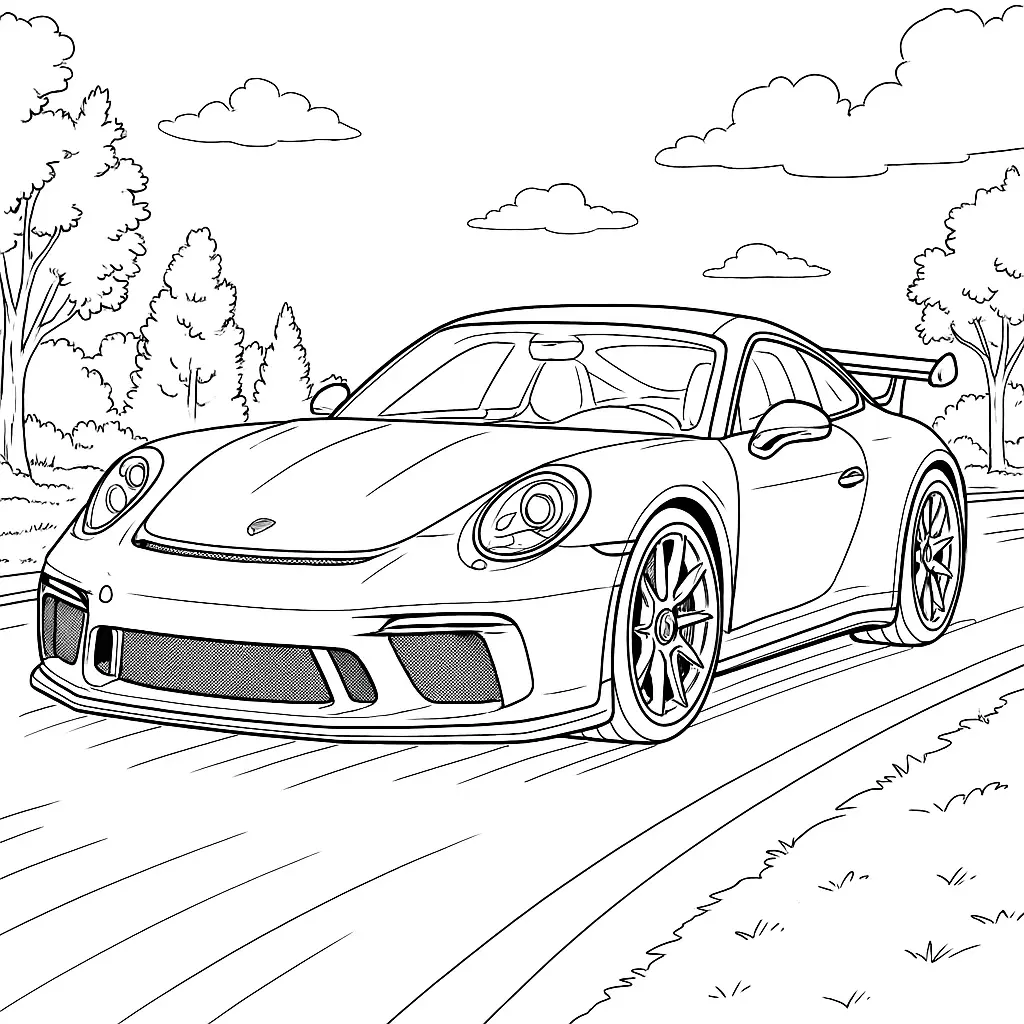 14 Porsche Ausmalbilder (Kostenlose Malvorlagen PDF drucken) Hochwertiges Ausmalbild eines Porsche 911 GT3 mit detaillierter Darstellung und natürlicher Kulisse – ideal für Kinder und Erwachsene zum Ausdrucken.