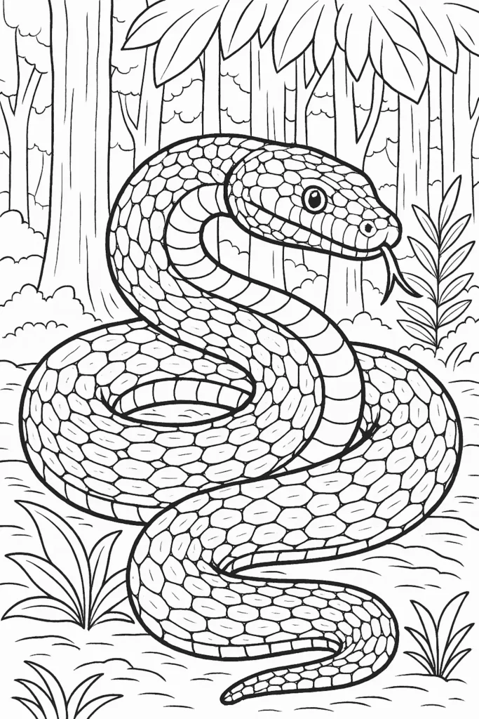 Ausmalbild einer Python Schlange mit natürlichen Mustern – ideal für Kinder und Erwachsene