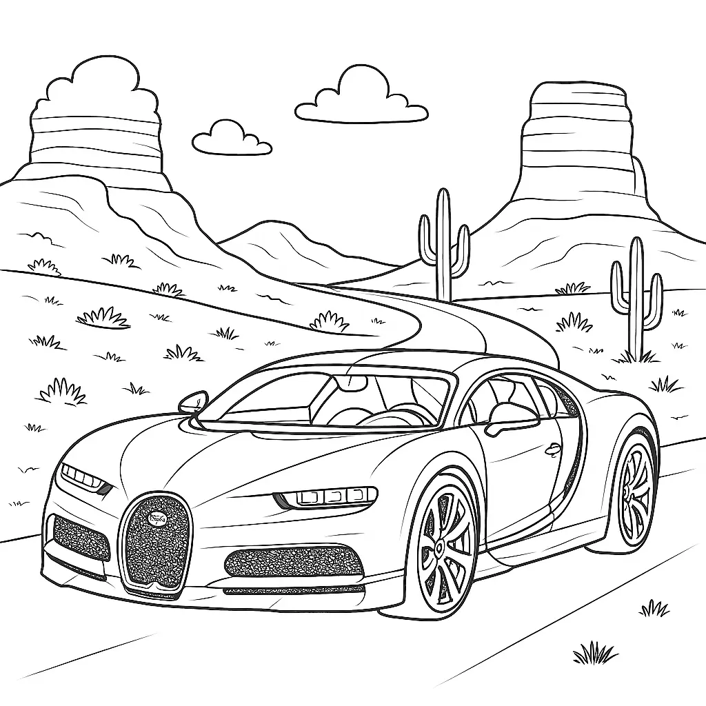 16 Bugatti Ausmalbilder (Kostenlose Auto Malvorlage zum Ausdrucken) Bugatti Auto Ausmalbild ohne Rand mit Felsen, Kakteen und Straße durch die Wüste