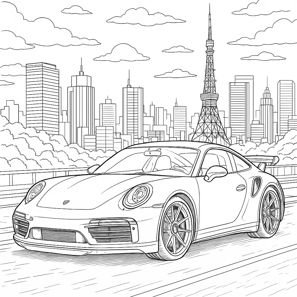 14 Porsche Ausmalbilder (Kostenlose Malvorlagen PDF drucken) Porsche Ausmalbild – Detaillierter Sportwagen vor der Skyline von Tokio mit Tokyo Tower. Ideal für Kinder und Autoliebhaber.