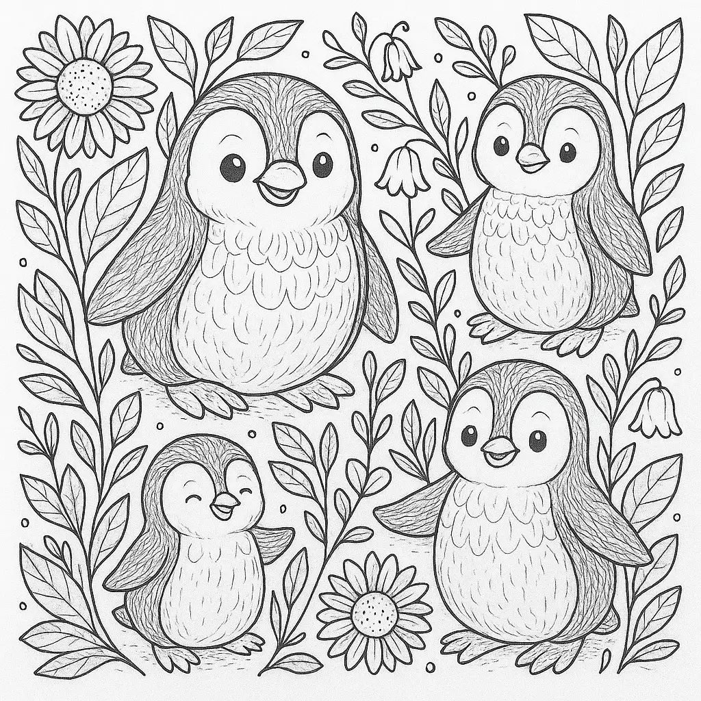 Ausmalbild mit vier niedlichen Pinguinen, umgeben von Blumen und Pflanzen – ideal für Kinder.