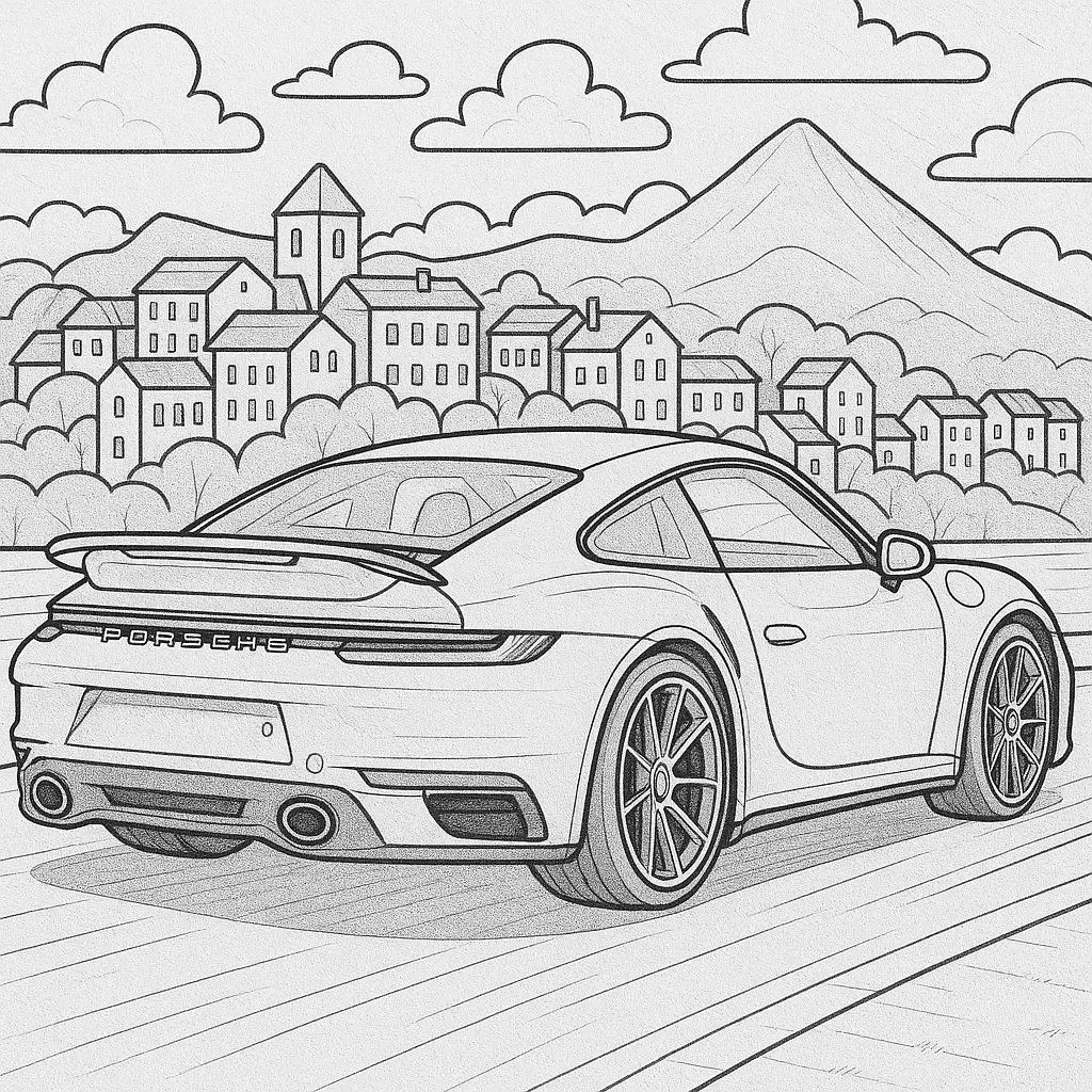 14 Porsche Ausmalbilder (Kostenlose Malvorlagen PDF drucken) Ausmalbilder Porsche – Detaillierte Zeichnung eines Porsche 911 GT3 auf einer Landstraße zum Ausmalen für Kinder und Erwachsene.