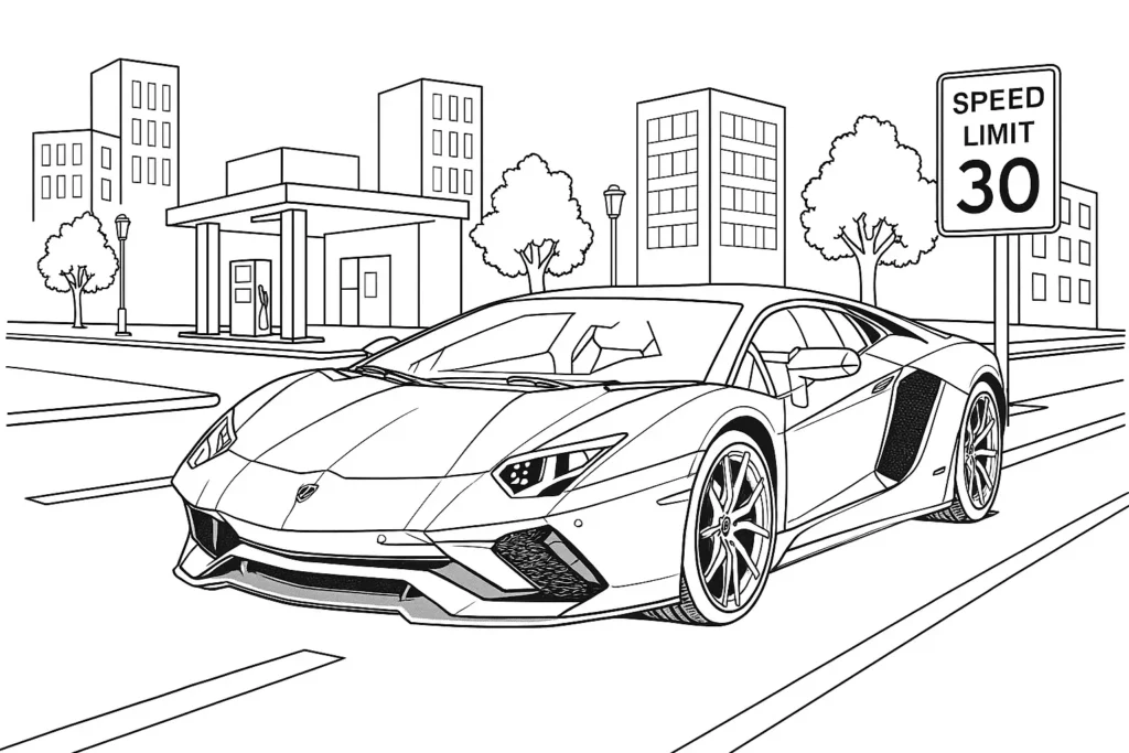 Lamborghini Ausmalbild mit Straßenszene, Tankstelle, Stadtgebäuden und Verkehrsschild – perfekt zum Ausmalen.