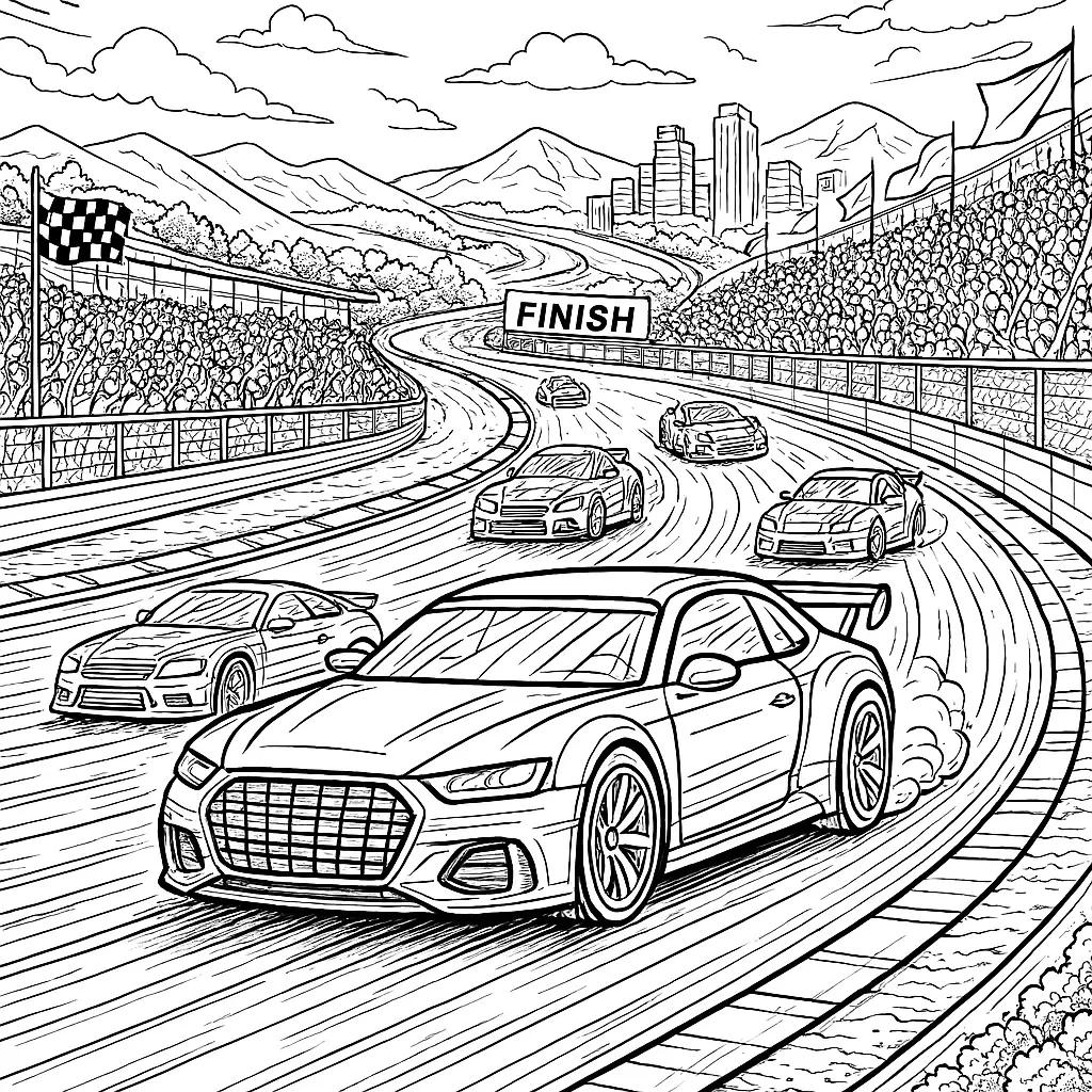 40 Rennautos Ausmalbilder (Kostenlose Malvorlage Drucken) Ausmalbild Autorennen – Rennstrecke mit Zuschauern und mehreren Rennwagen