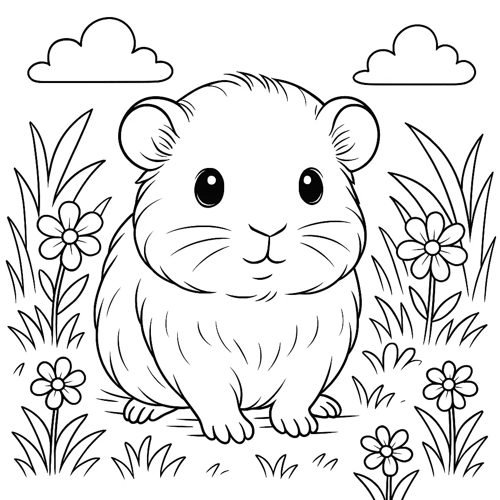 18 Meerschweinchen Ausmalbilder (Gratis Malvorlage zum drucken) Niedliches baby meerschweinchen ausmalbild auf einer Wiese mit Blumen und Wolken – ideal für Kinder zum Ausmalen.