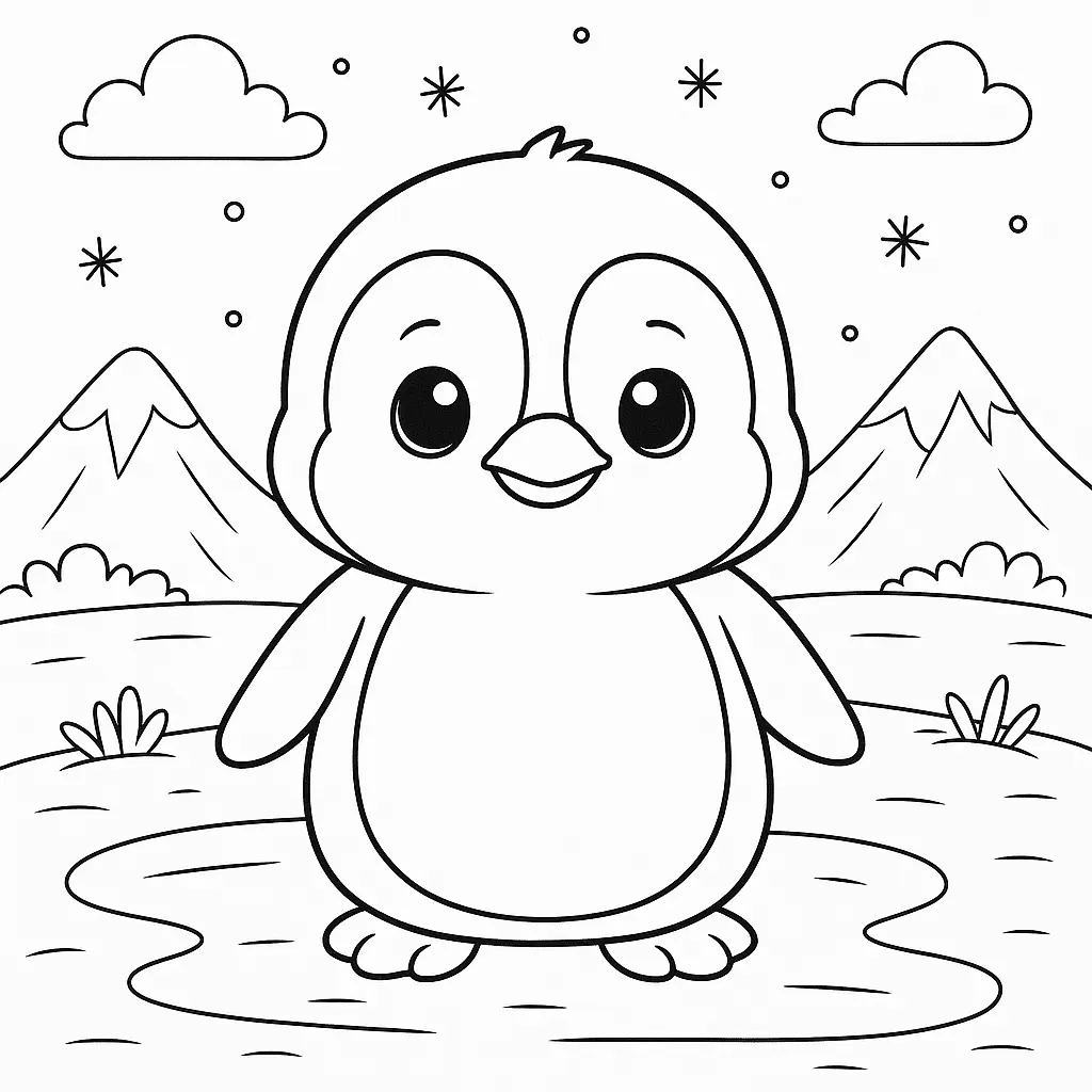 Fröhliches Ausmalbild eines süßen Baby Pinguins mit Schneeflocken und Bergen – ideal für Kinder.