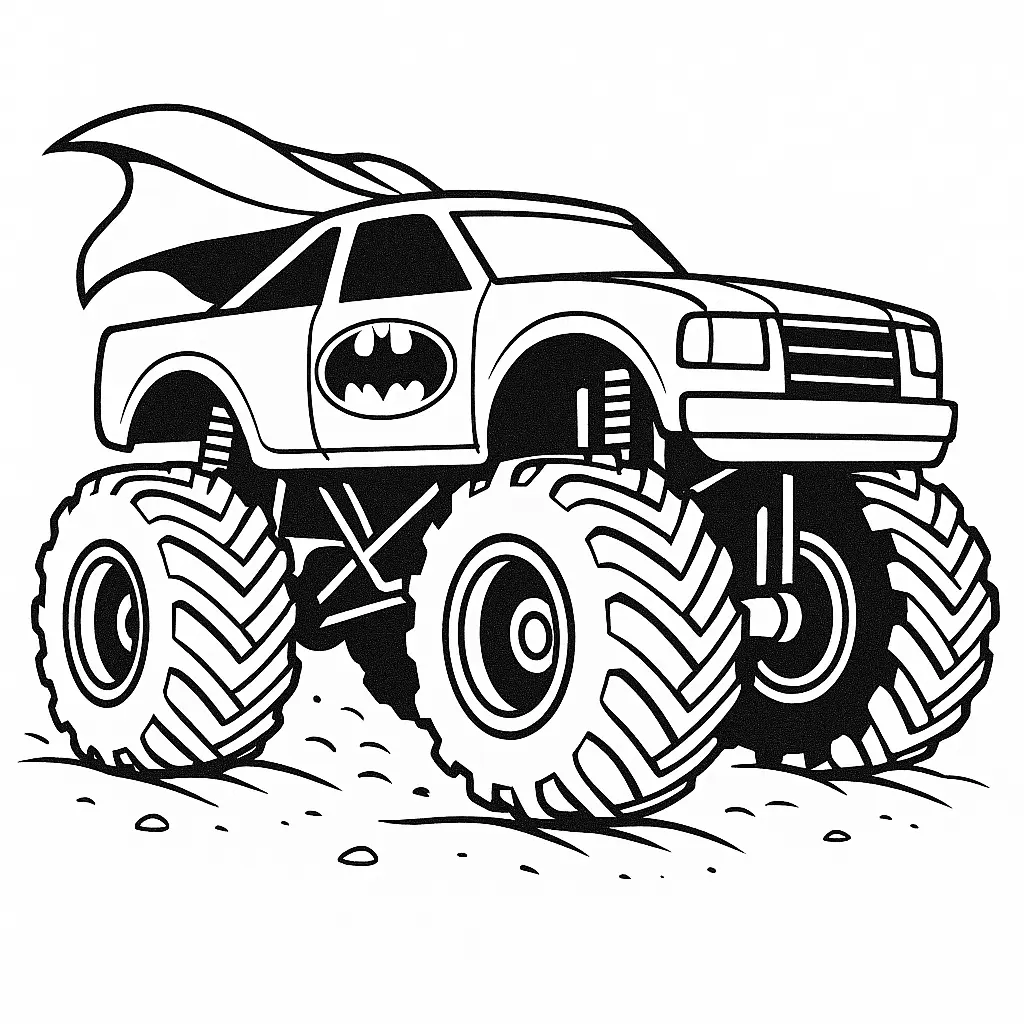 24 MonsterTruck Ausmalbilder (Kostenlose Malvorlagen Drucken) Ausmalbild eines Batman-Monstertrucks, ideal für Fans von Batman und spannenden Fahrzeugen