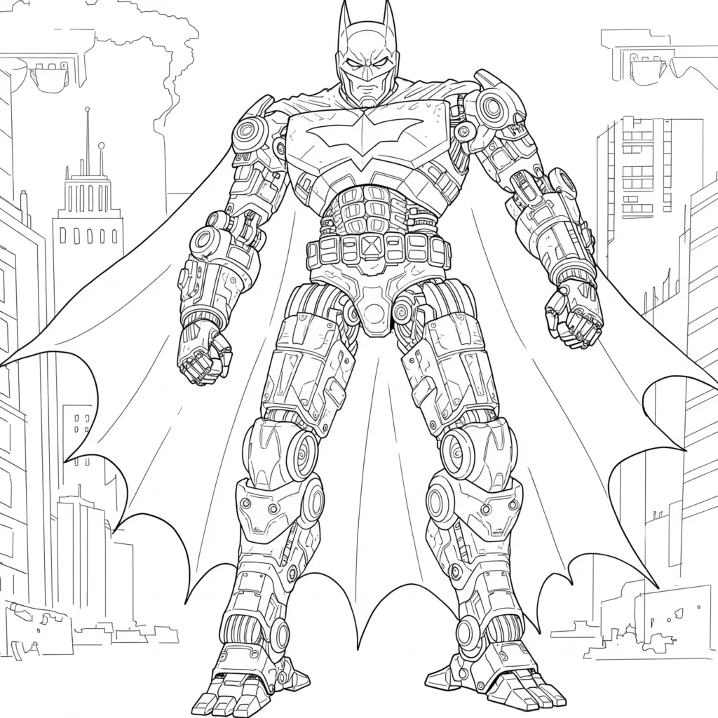 30 Roboter Ausmalbilder (Kostenlose Malvorlage PDF drucken) Batman als Roboter – Ausmalbild mit futuristischem Superhelden-Design