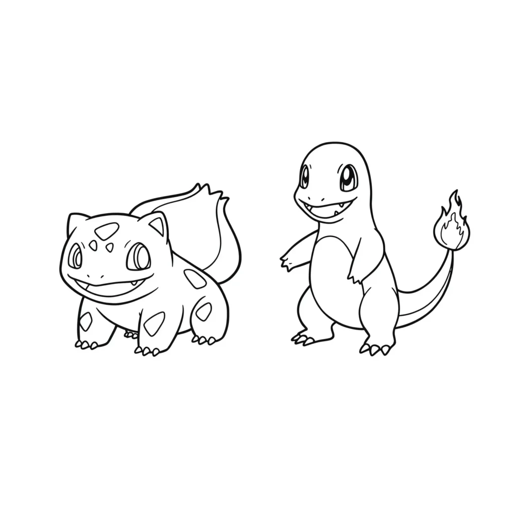 Bisasam und Glumanda Pokémon Ausmalbilder – Zwei Starter-Pokémon 