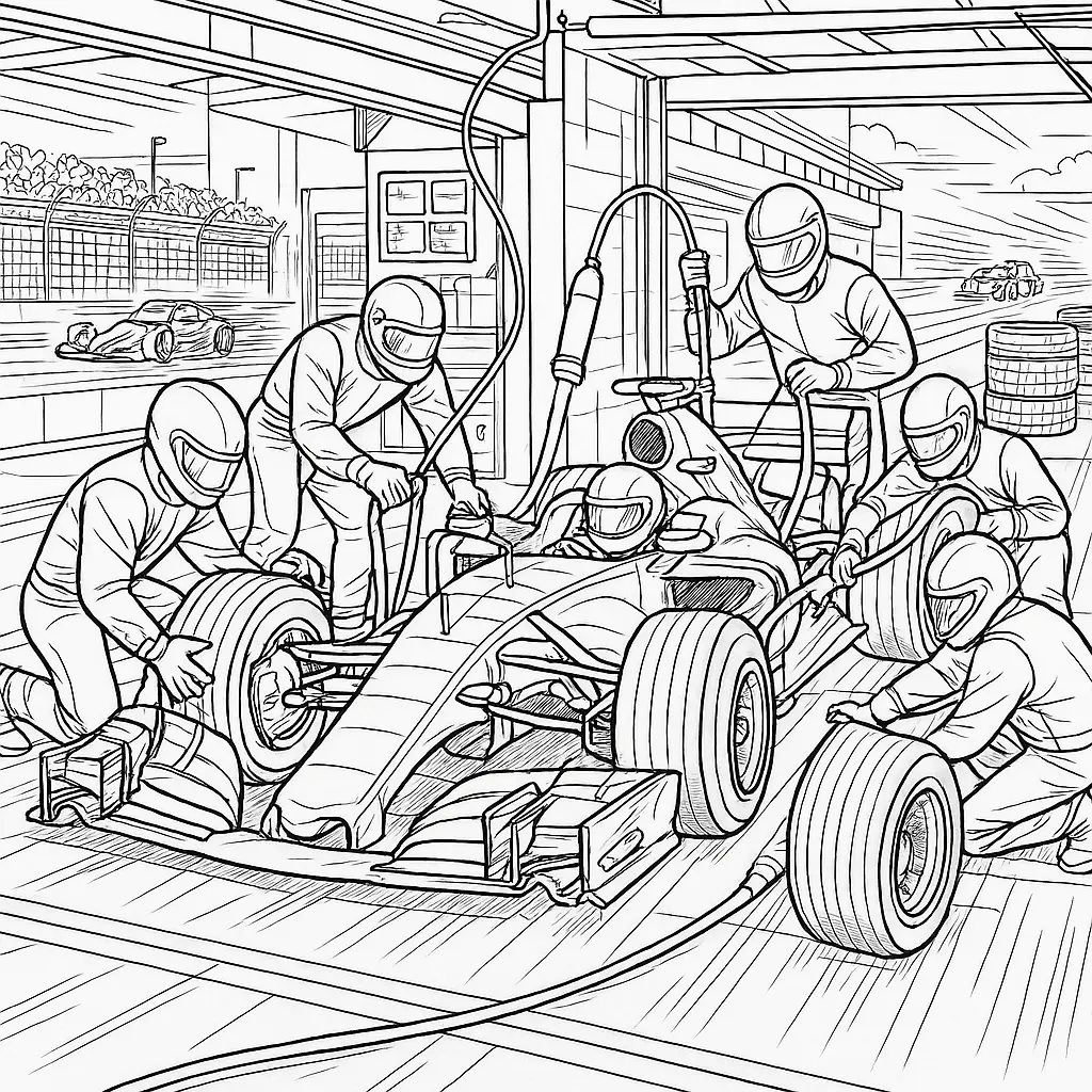 40 Rennautos Ausmalbilder (Kostenlose Malvorlage Drucken) Boxenstopp Rennauto Ausmalbild – F1-Auto mit Boxencrew in der Boxengasse