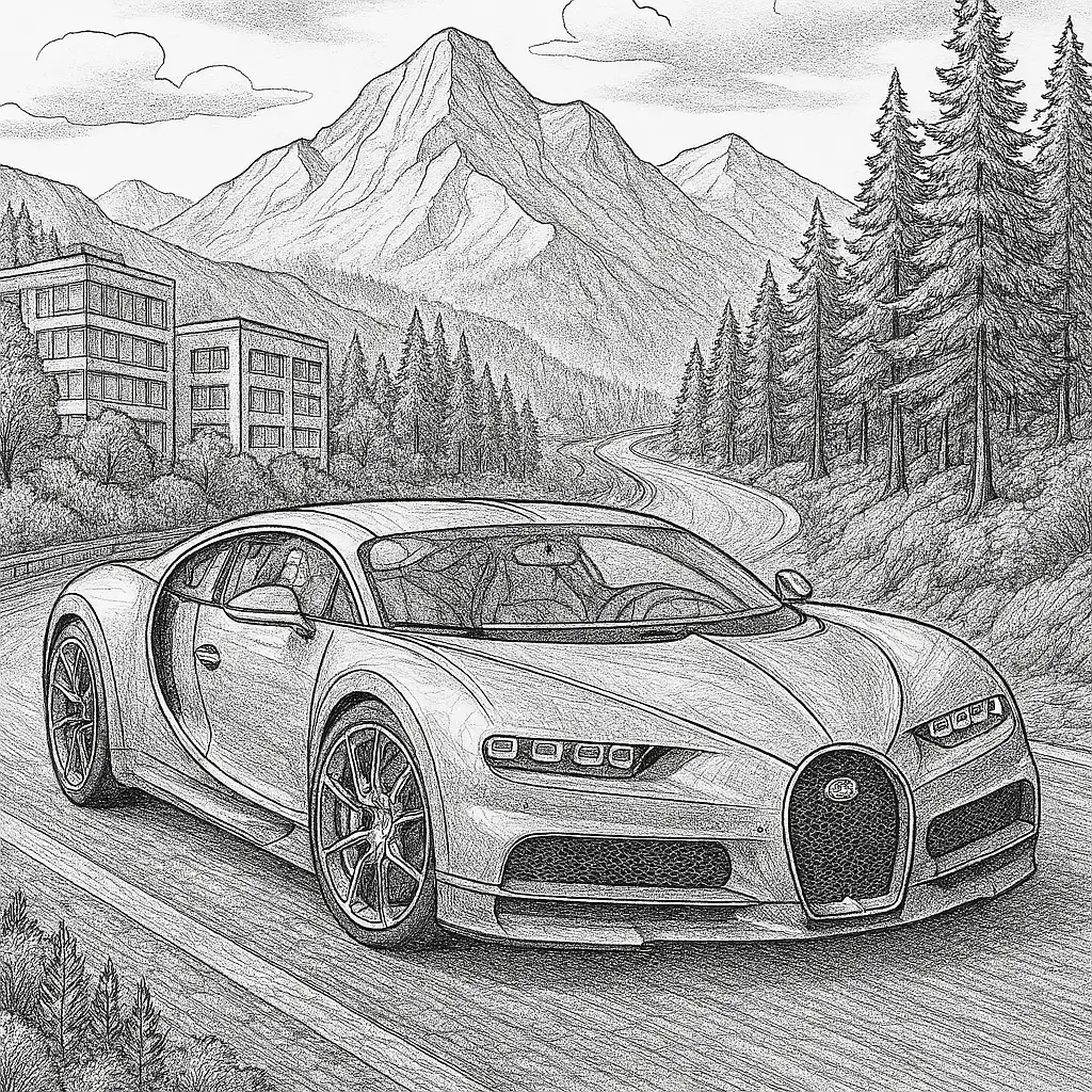 16 Bugatti Ausmalbilder (Kostenlose Auto Malvorlage zum Ausdrucken) Ausmalbild eines Bugatti Chiron – detaillierter Supersportwagen zum Ausmalen für Kinder und Auto-Fans