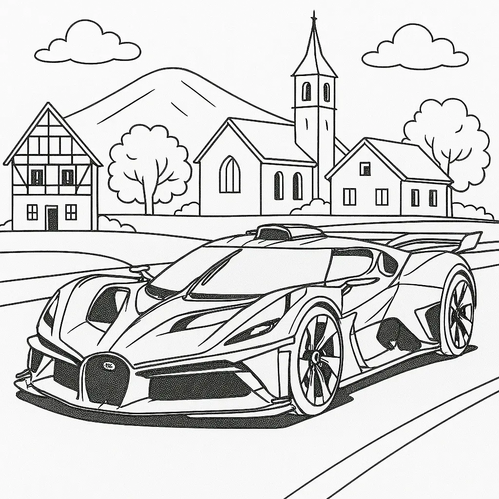 16 Bugatti Ausmalbilder (Kostenlose Auto Malvorlage zum Ausdrucken) Ausmalbild eines Bugatti Bolide mit malerischem Dorf, Kirche und Bergen im Hintergrund
