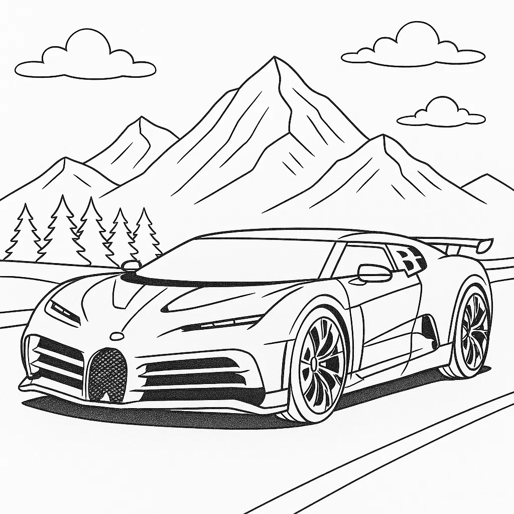 16 Bugatti Ausmalbilder (Kostenlose Auto Malvorlage zum Ausdrucken) Ausmalbild des Bugatti Centodieci mit Hintergrund aus Bergen, Straße und Bäumen
