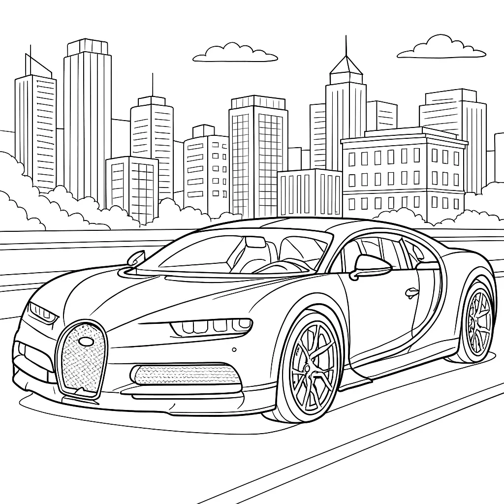 16 Bugatti Ausmalbilder (Kostenlose Auto Malvorlage zum Ausdrucken) Detailliertes Ausmalbild eines Bugatti Chiron mit städtischem Hintergrund und Hochhäusern