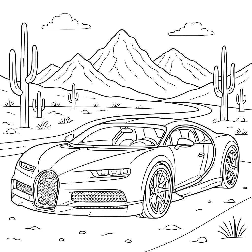16 Bugatti Ausmalbilder (Kostenlose Auto Malvorlage zum Ausdrucken) Bugatti Chiron Ausmalbilder mit Wüstenlandschaft, Bergen und Straße im Hintergrund