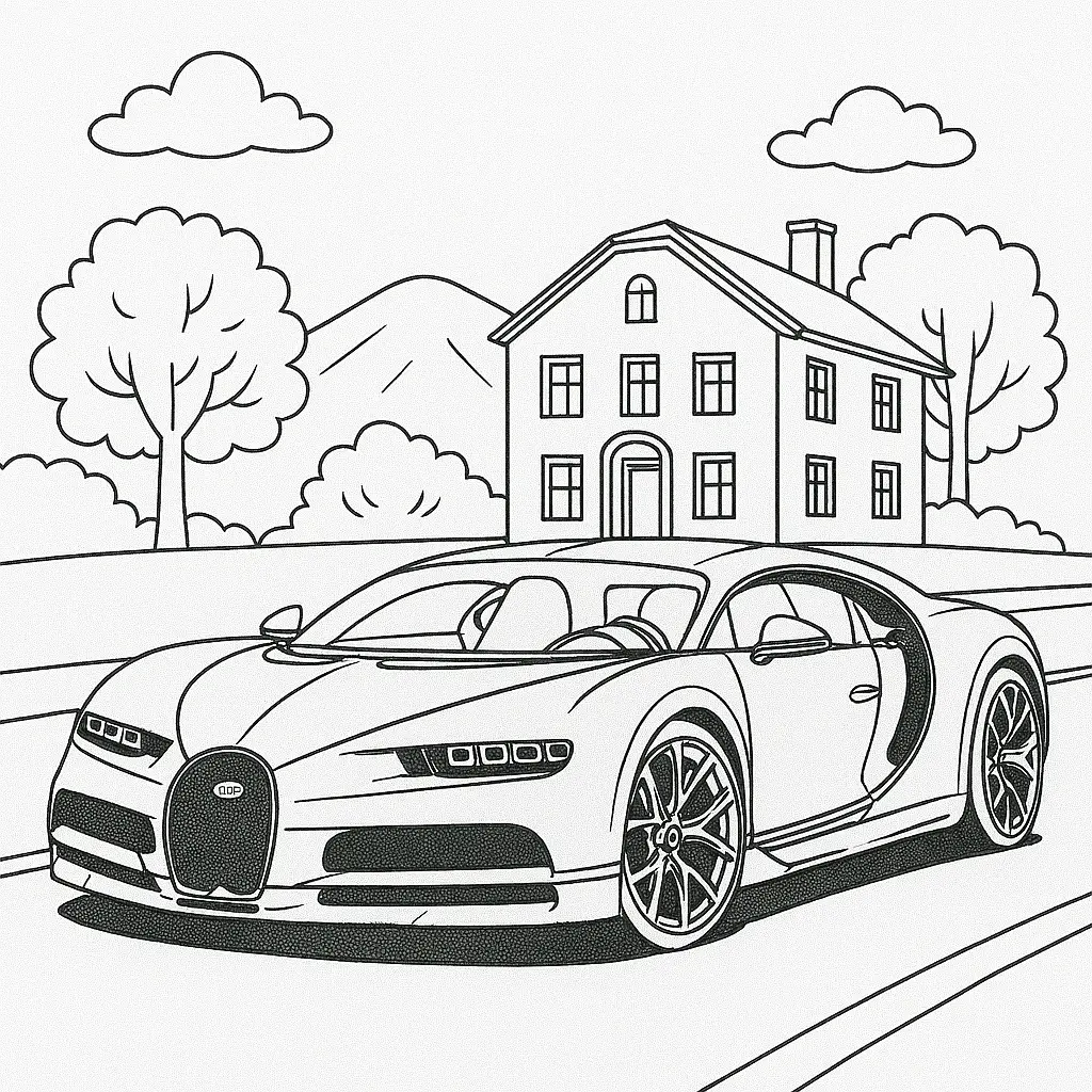 16 Bugatti Ausmalbilder (Kostenlose Auto Malvorlage zum Ausdrucken) Malvorlage eines Bugatti Chiron vor einem Wohnhaus mit Bäumen und Straße im Hintergrund