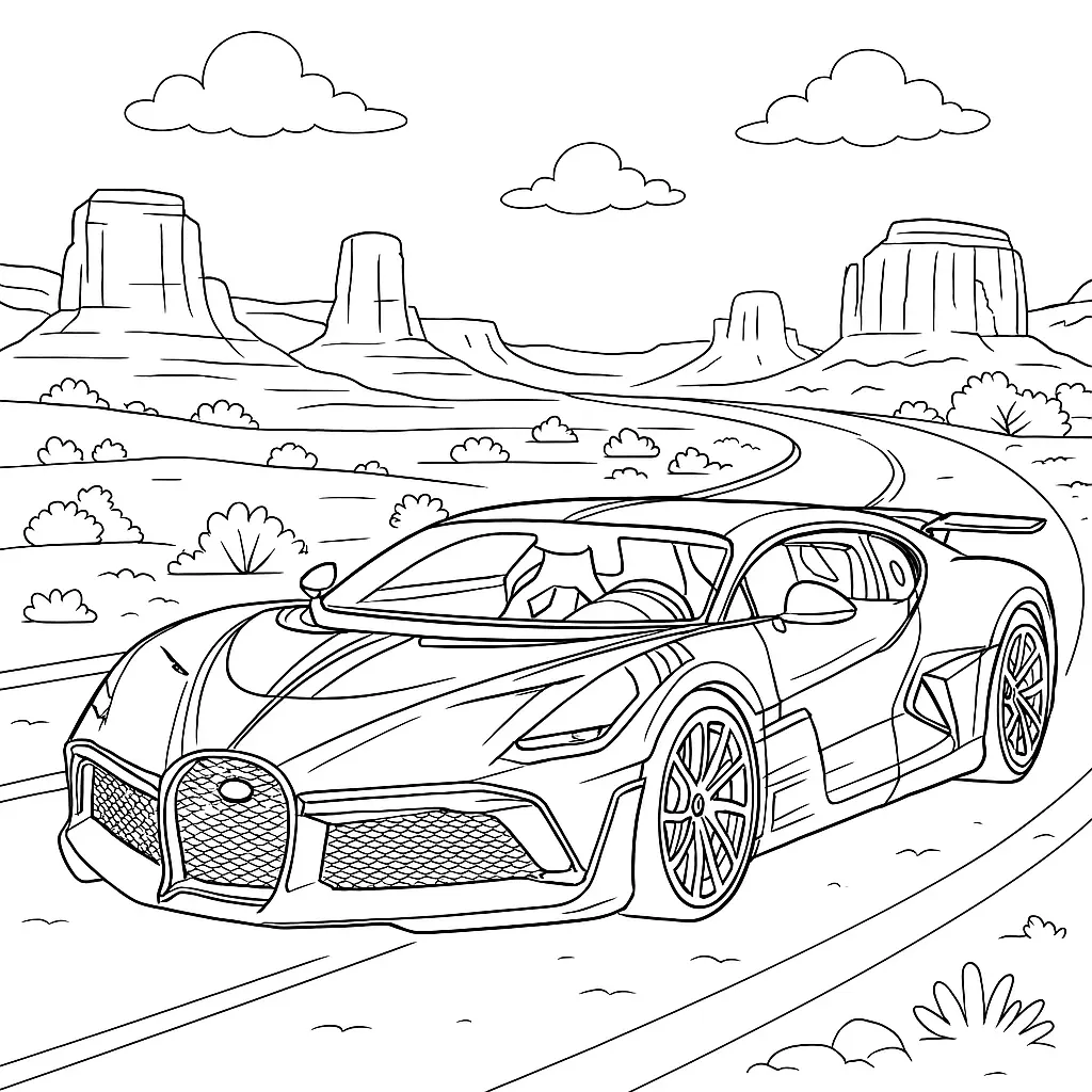 16 Bugatti Ausmalbilder (Kostenlose Auto Malvorlage zum Ausdrucken) Bugatti Divo Ausmalbild auf einer Wüstenstraße mit Felsenlandschaft im Hintergrund – perfekt zum Ausmalen