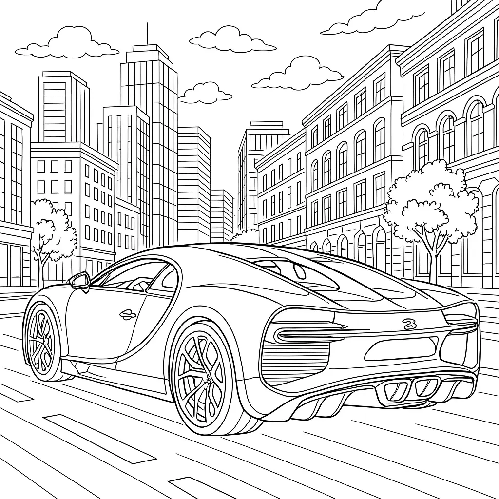 16 Bugatti Ausmalbilder (Kostenlose Auto Malvorlage zum Ausdrucken) Bugatti Chiron Ausmalbild mit klaren Linien in einer Stadtstraße – perfekt zum Ausmalen