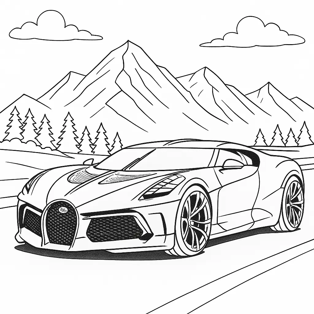 16 Bugatti Ausmalbilder (Kostenlose Auto Malvorlage zum Ausdrucken) Ausmalbild eines Bugatti La Voiture Noire mit Berglandschaft und Straße im Hintergrund