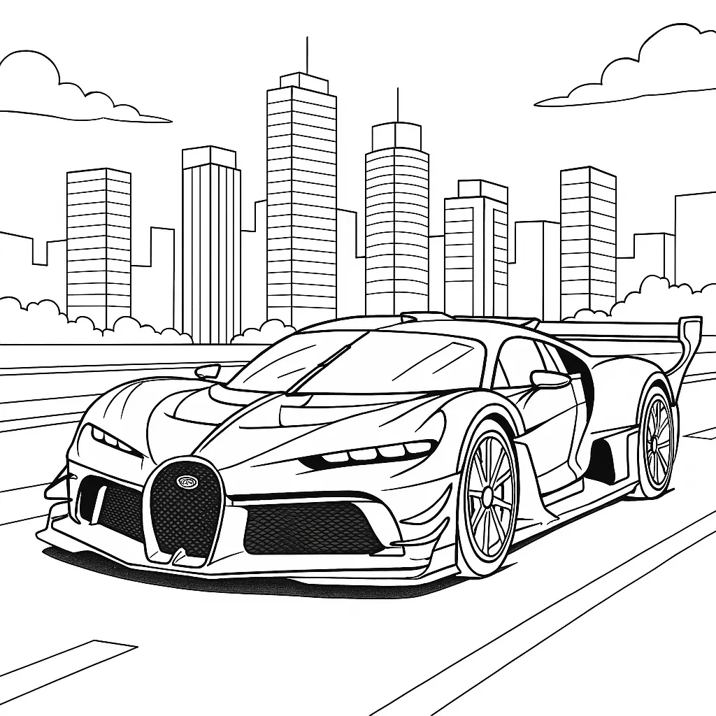 16 Bugatti Ausmalbilder (Kostenlose Auto Malvorlage zum Ausdrucken) Bugatti Ausmalbilder eines Rennautos mit moderner Stadtkulisse im Hintergrund