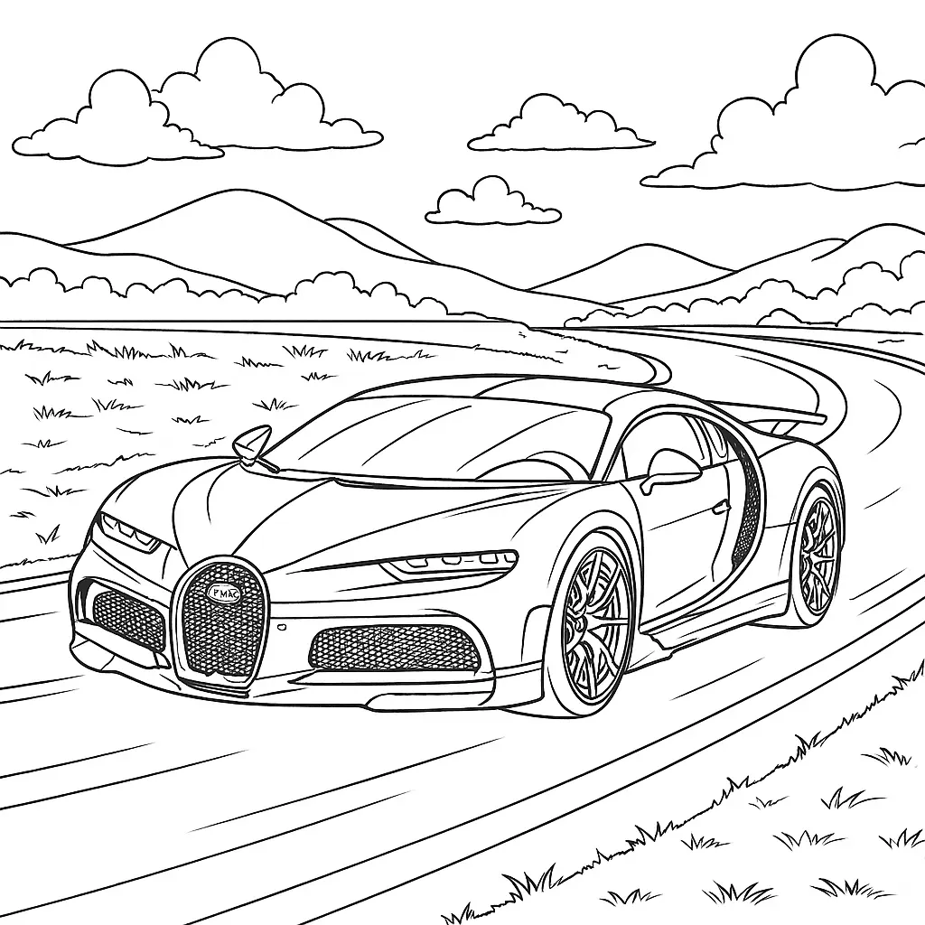 40 Rennautos Ausmalbilder (Kostenlose Malvorlage Drucken) Bugatti Rennwagen Ausmalbild – Sportwagen auf Landstraße mit Hügeln und Wolken