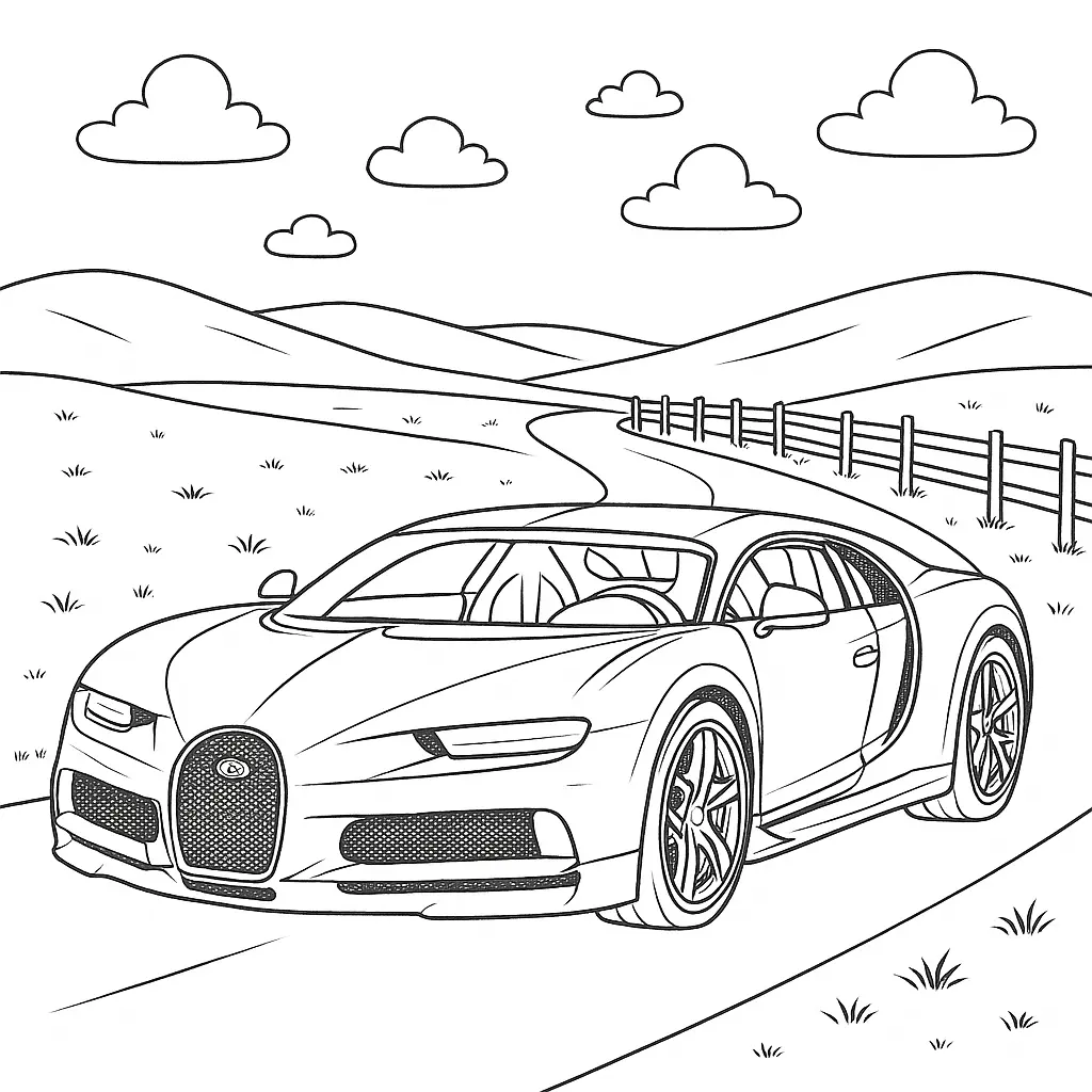 16 Bugatti Ausmalbilder (Kostenlose Auto Malvorlage zum Ausdrucken) Bugatti Sportwagen Ausmalbild mit gewundener Landstraße, Hügeln und Holzzaun im Hintergrund