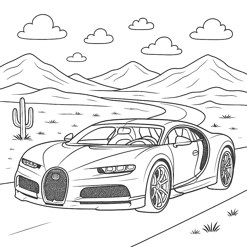 16 Bugatti Ausmalbilder (Kostenlose Auto Malvorlage zum Ausdrucken) Bugatti Supercar Ausmalbild auf einer Bergstraße mit Kakteen und Wolken im Hintergrund