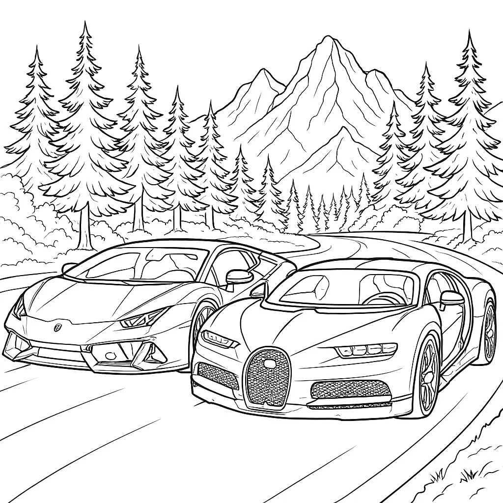 16 Bugatti Ausmalbilder (Kostenlose Auto Malvorlage zum Ausdrucken) Ausmalbild mit Bugatti und Lamborghini auf einer Bergstraße umgeben von Tannen und Bergen