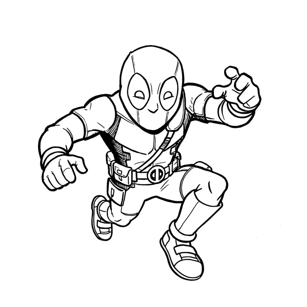 22 Deadpool Ausmalbilder Coole Marvel Malvorlage PDF drucken Cartoon Deadpool Ausmalbilder – lustige und einfache Malvorlage von Deadpool im Cartoon-Stil zum Ausmalen.