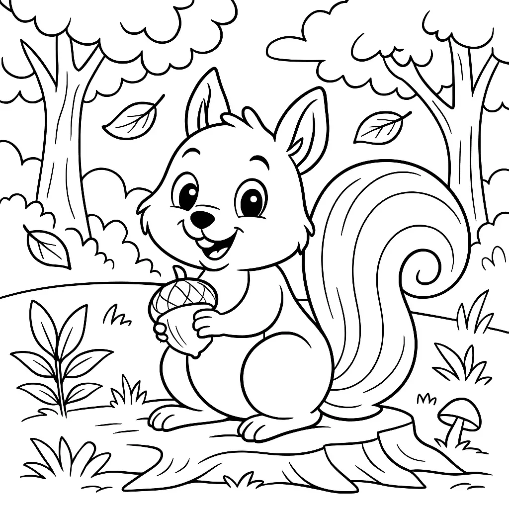Cartoon Eichhörnchen Ausmalbild mit Eichel im Wald – mit Bäumen, Blättern, Gras und Wolken im Hintergrund, ideal für Kinder