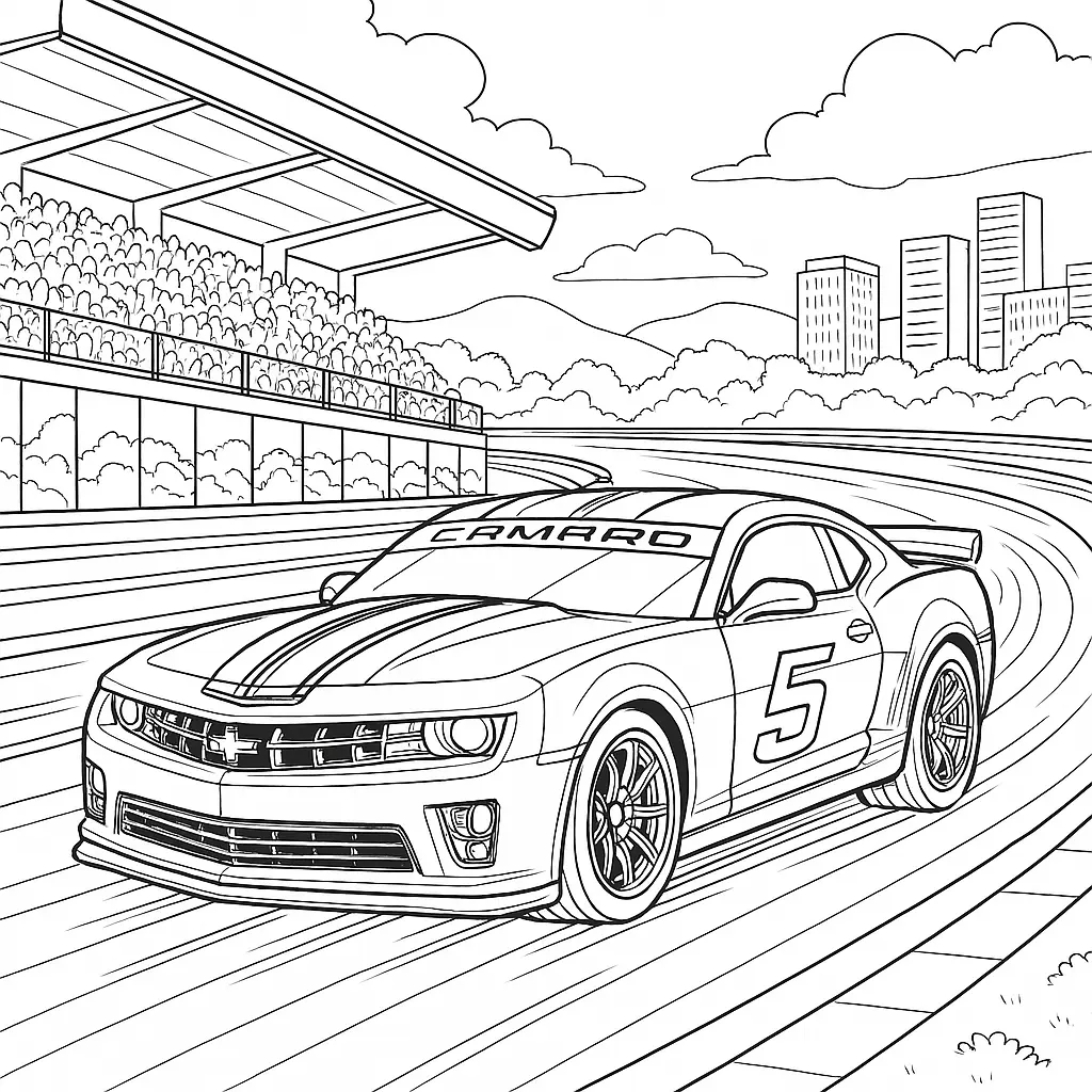 40 Rennautos Ausmalbilder (Kostenlose Malvorlage Drucken) Chevrolet Camaro Ausmalbild – Rennwagen auf Rennstrecke mit Tribüne und Stadt im Hintergrund