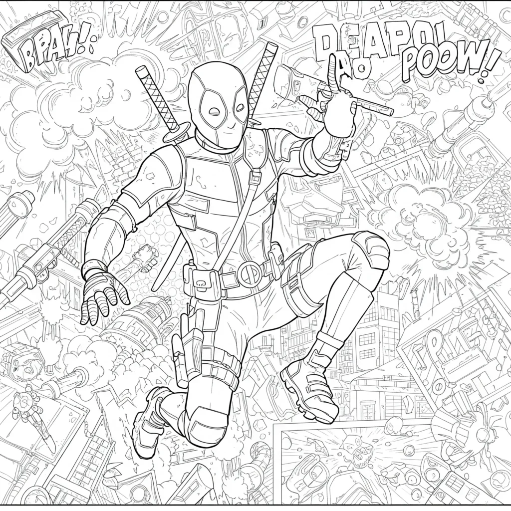 22 Deadpool Ausmalbilder Coole Marvel Malvorlage PDF drucken Coole Deadpool Ausmalbilder – stylische Malvorlage mit Deadpool zum Ausdrucken und Ausmalen für echte Fans.