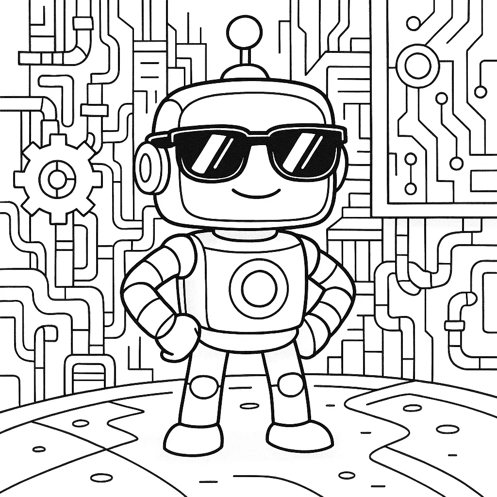 30 Roboter Ausmalbilder (Kostenlose Malvorlage PDF drucken) Cooler Roboter mit Sonnenbrille vor futuristischer Stadt – Ausmalbild mit technischen Details