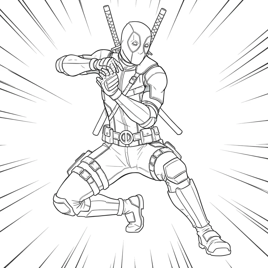 22 Deadpool Ausmalbilder Coole Marvel Malvorlage PDF drucken Deadpool coole Pose Ausmalbilder – stylische Malvorlage von Deadpool in cooler Superhelden-Pose zum Ausmalen.