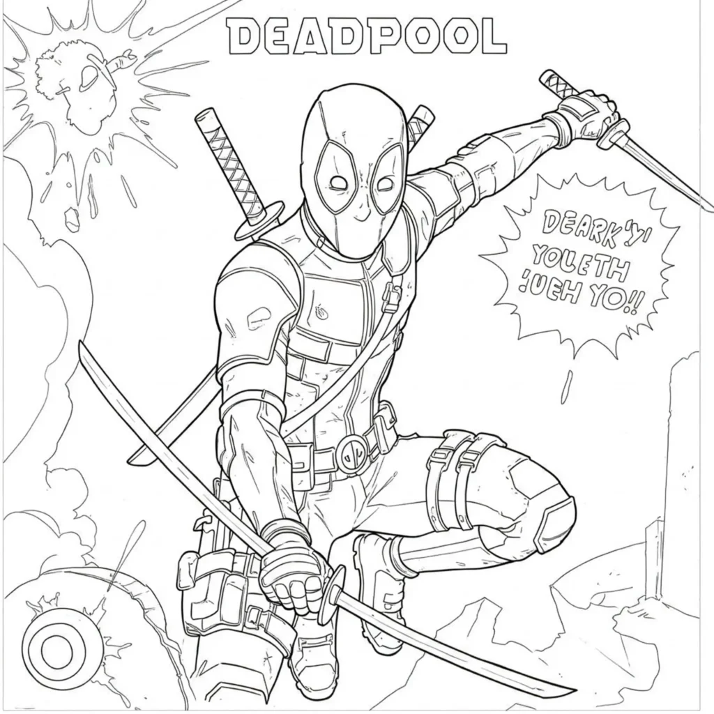 22 Deadpool Ausmalbilder Coole Marvel Malvorlage PDF drucken Deadpool in Action Ausmalbilder – Dynamische Marvel-Malvorlage