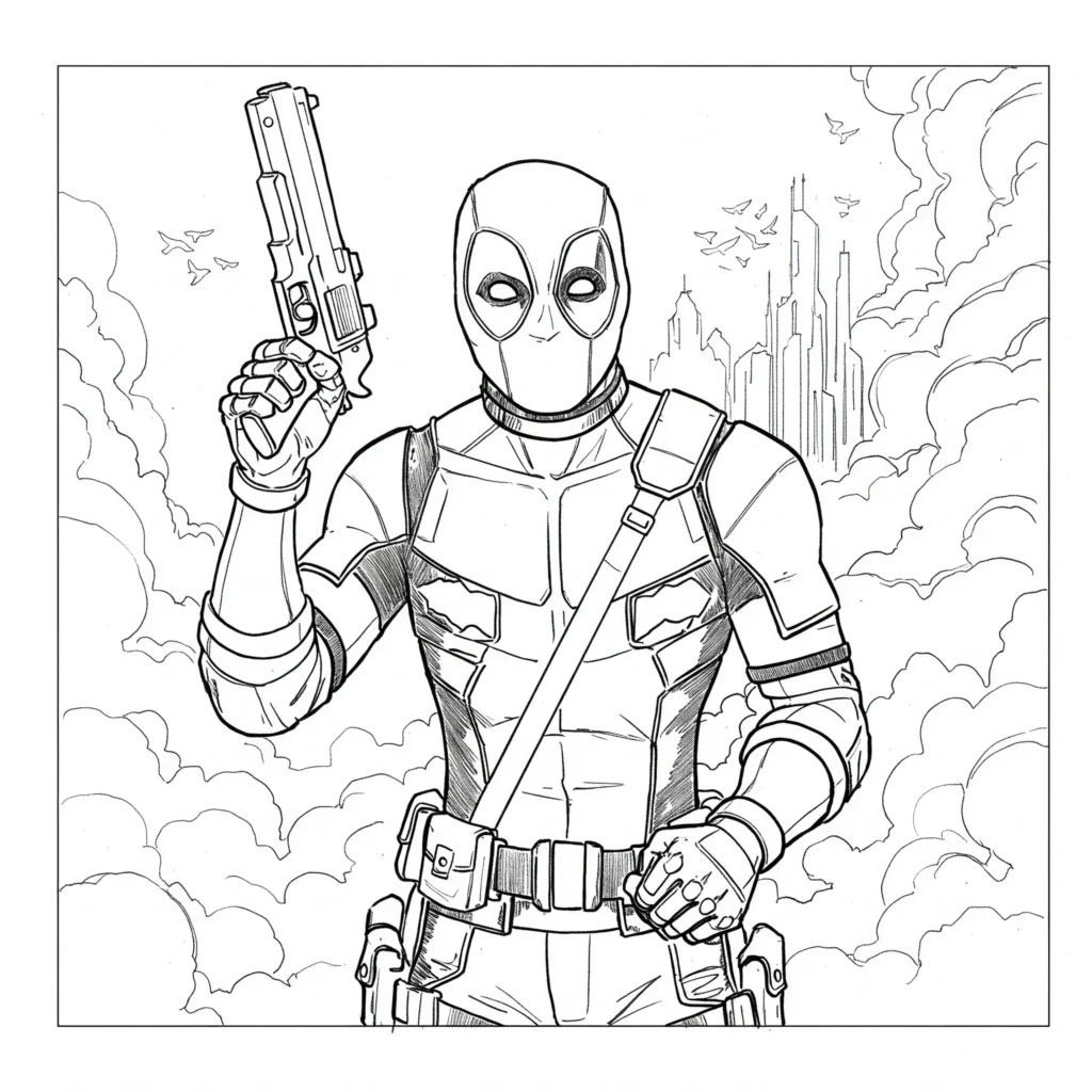 22 Deadpool Ausmalbilder Coole Marvel Malvorlage PDF drucken Deadpool mit Waffe Ausmalbilder – actionreiche Malvorlage des Marvel-Helden Deadpool mit Pistole zum Ausmalen.