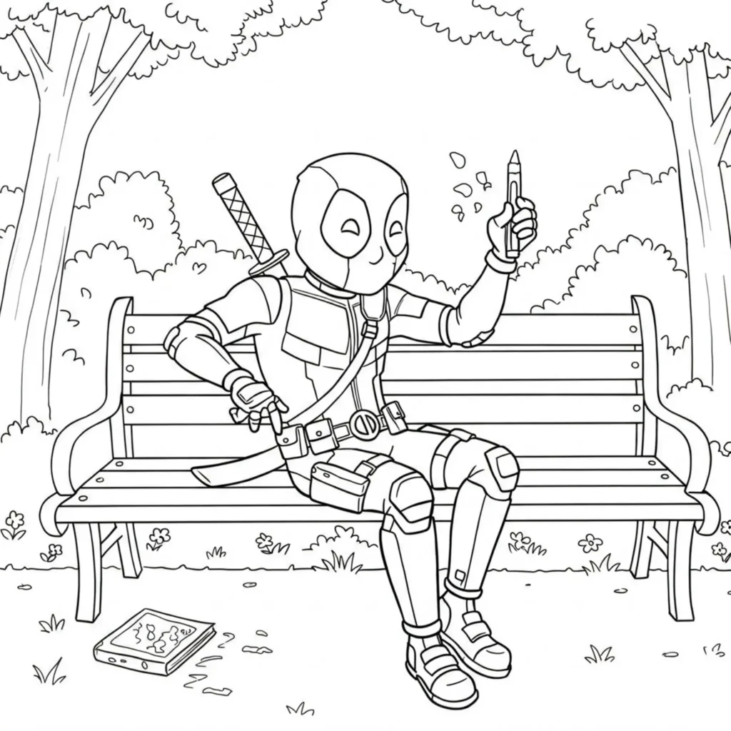 22 Deadpool Ausmalbilder Coole Marvel Malvorlage PDF drucken Deadpool sitzend Ausmalbilder – lustige und entspannte Malvorlage von Deadpool in sitzender Pose zum Ausmalen.