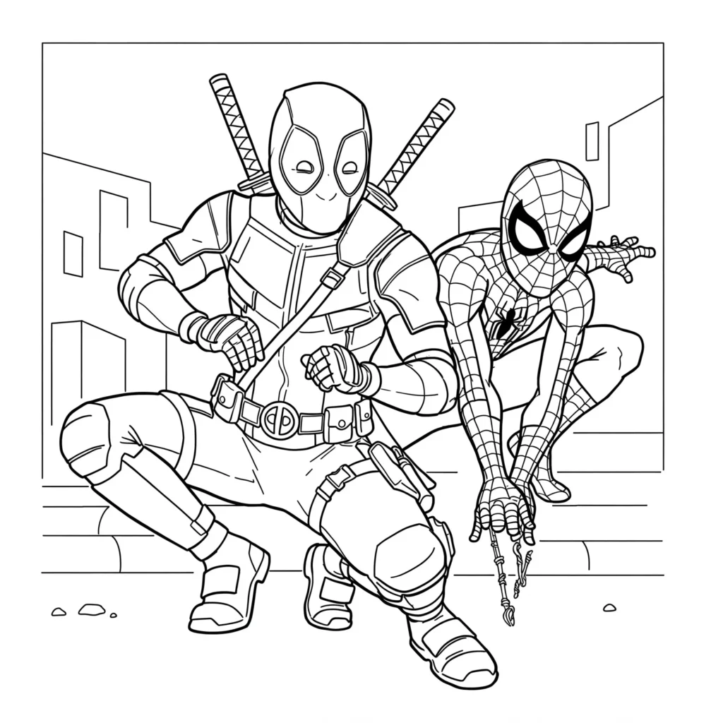 22 Deadpool Ausmalbilder Coole Marvel Malvorlage PDF drucken Deadpool und Spiderman Ausmalbilder – coole Malvorlage mit den Marvel-Helden Deadpool und Spider-Man zum Ausmalen.
